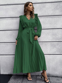 2022 V-neck Pleated Women's Long Sleeve Prom Maxi Dress Fall and Winter