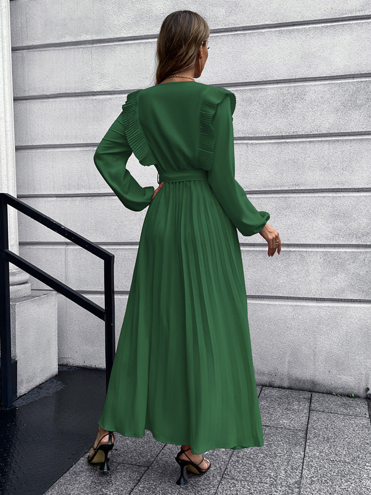 2022 V-neck Pleated Women's Long Sleeve Prom Maxi Dress Fall and Winter