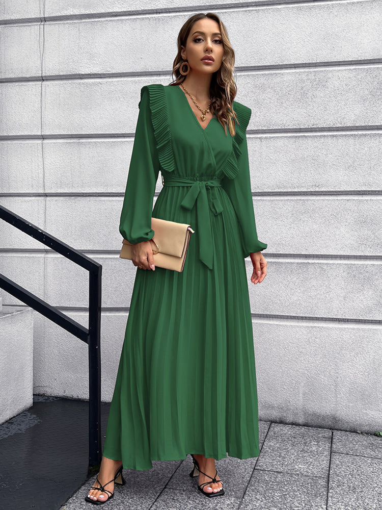 2022 V-neck Pleated Women's Long Sleeve Prom Maxi Dress Fall and Winter