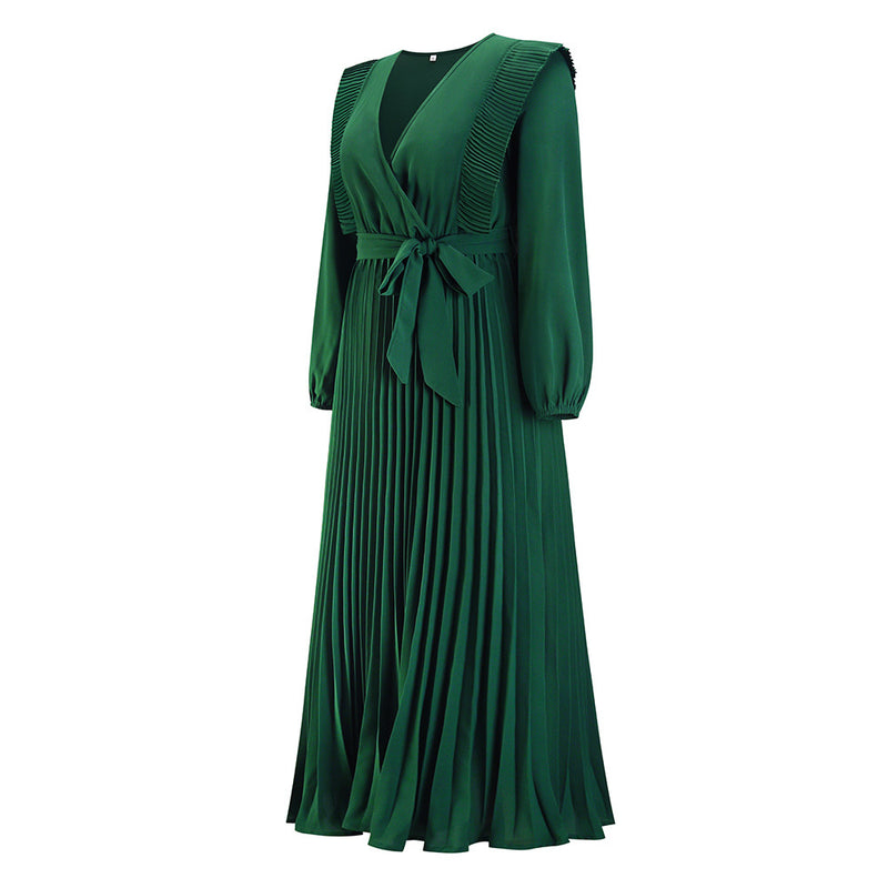 2022 V-neck Pleated Women's Long Sleeve Prom Maxi Dress Fall and Winter