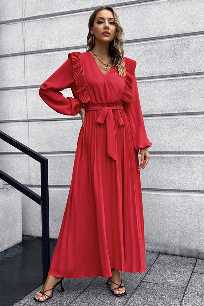 2022 V-neck Pleated Women's Long Sleeve Prom Maxi Dress Fall and Winter