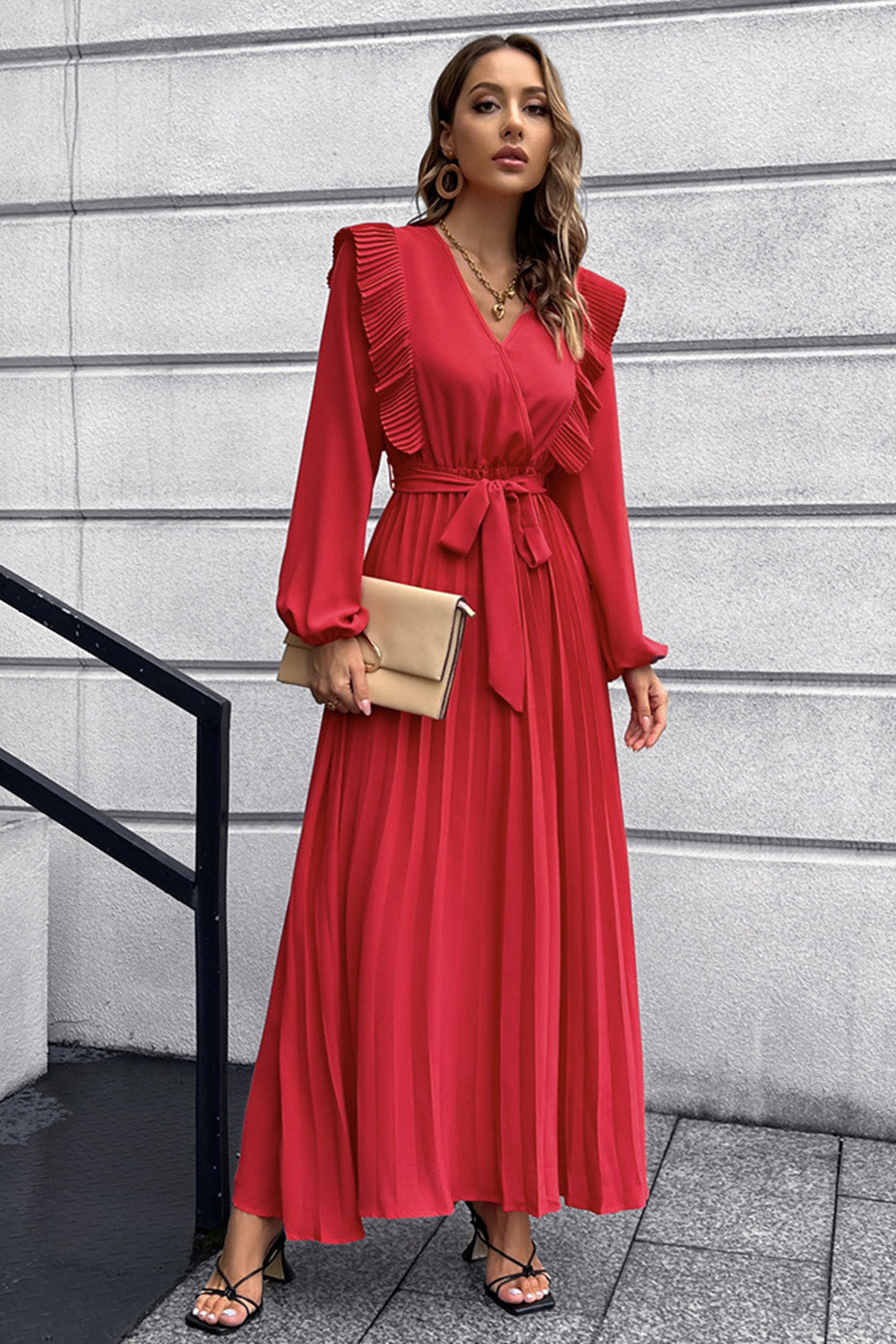 2022 V-neck Pleated Women's Long Sleeve Prom Maxi Dress Fall and Winter