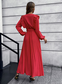 2022 V-neck Pleated Women's Long Sleeve Prom Maxi Dress Fall and Winter