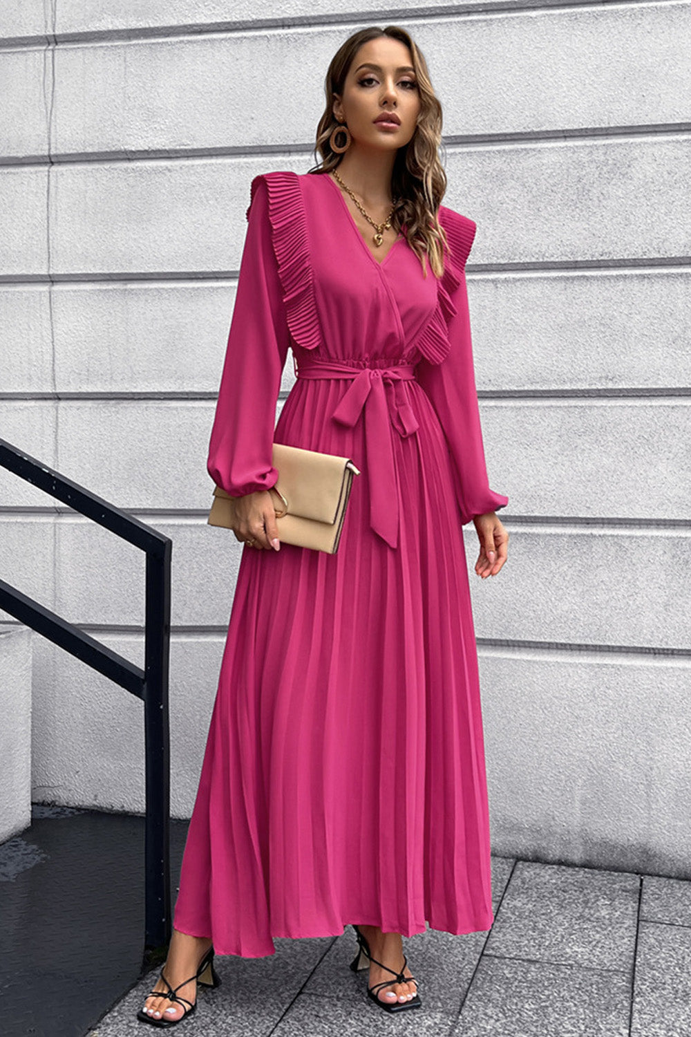 2022 V-neck Pleated Women's Long Sleeve Prom Maxi Dress Fall and Winter