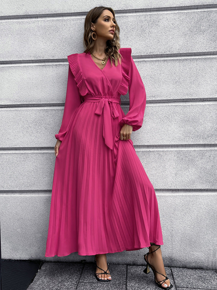 2022 V-neck Pleated Women's Long Sleeve Prom Maxi Dress Fall and Winter