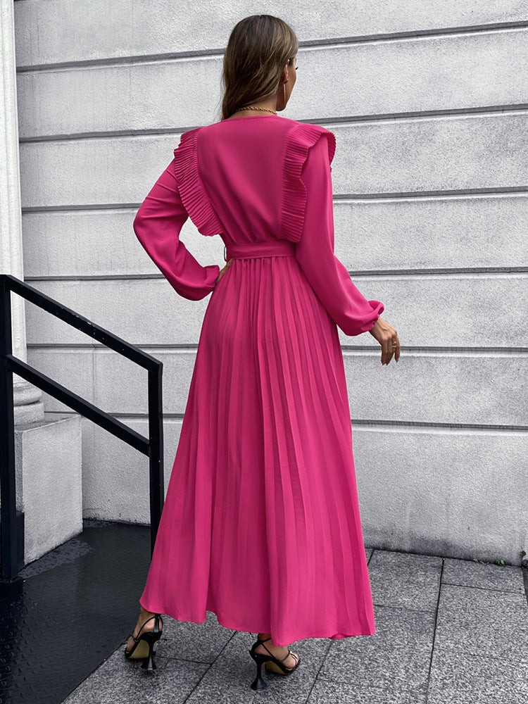 2022 V-neck Pleated Women's Long Sleeve Prom Maxi Dress Fall and Winter