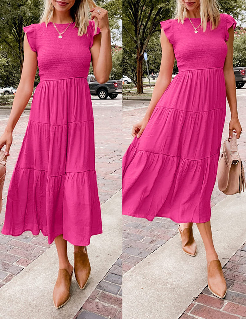 2023 Summer Women's Casual Flutter Short Sleeve Crew Neck Smocked Elastic Waist Tiered Midi Dress