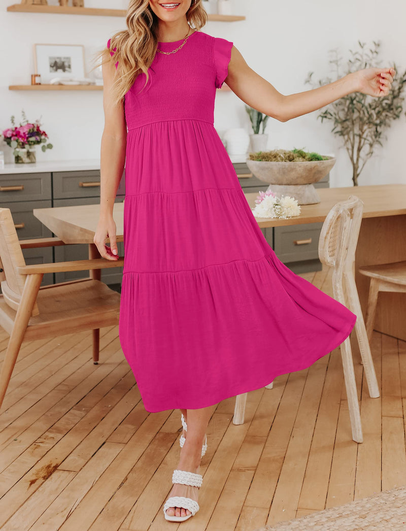 2023 Summer Women's Casual Flutter Short Sleeve Crew Neck Smocked Elastic Waist Tiered Midi Dress