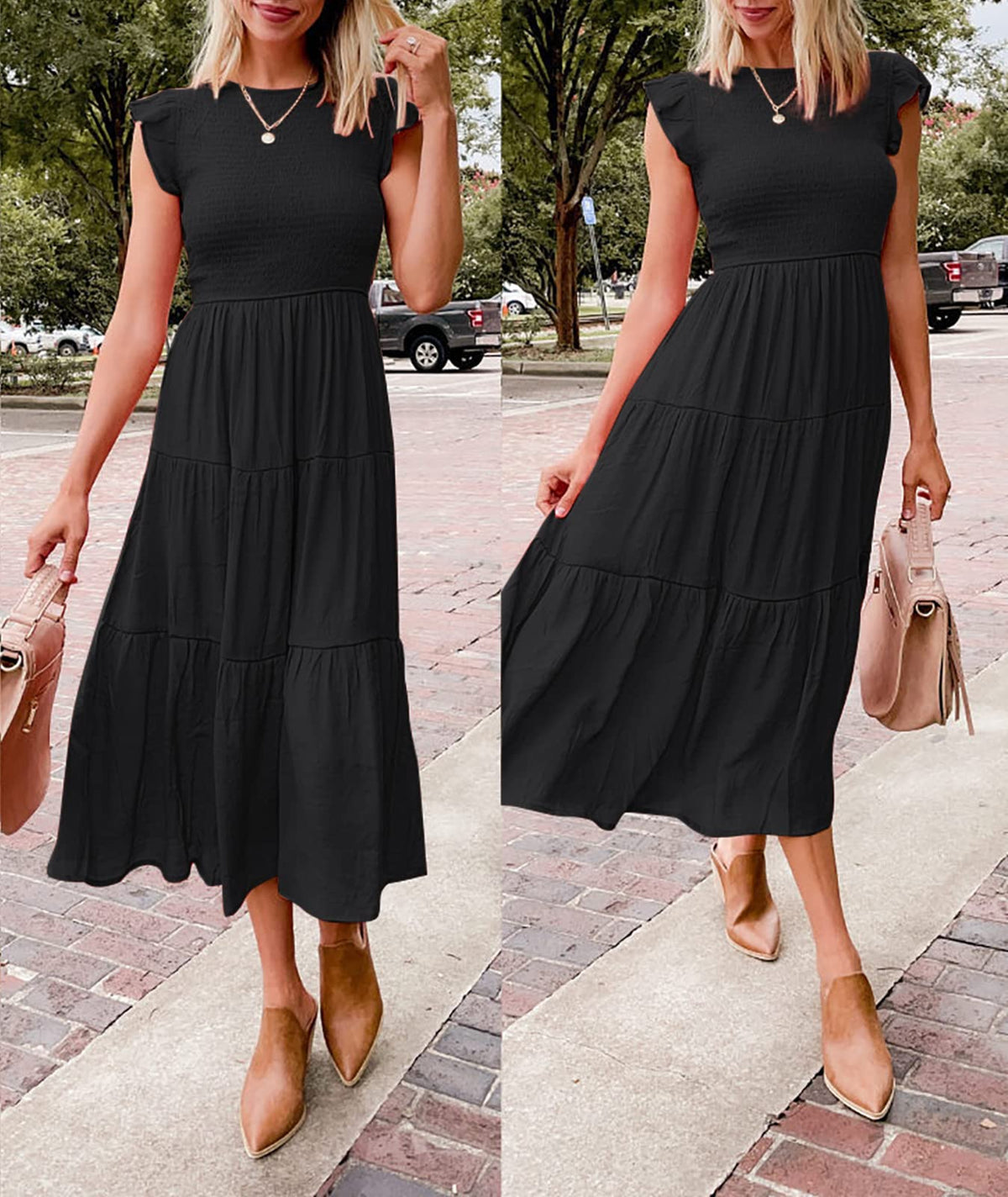 2023 Summer Women's Casual Flutter Short Sleeve Crew Neck Smocked Elastic Waist Tiered Midi Dress