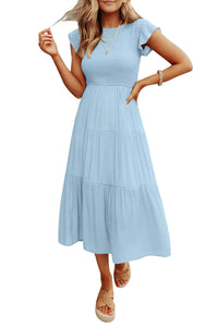 2023 Summer Women's Casual Flutter Short Sleeve Crew Neck Smocked Elastic Waist Tiered Midi Dress