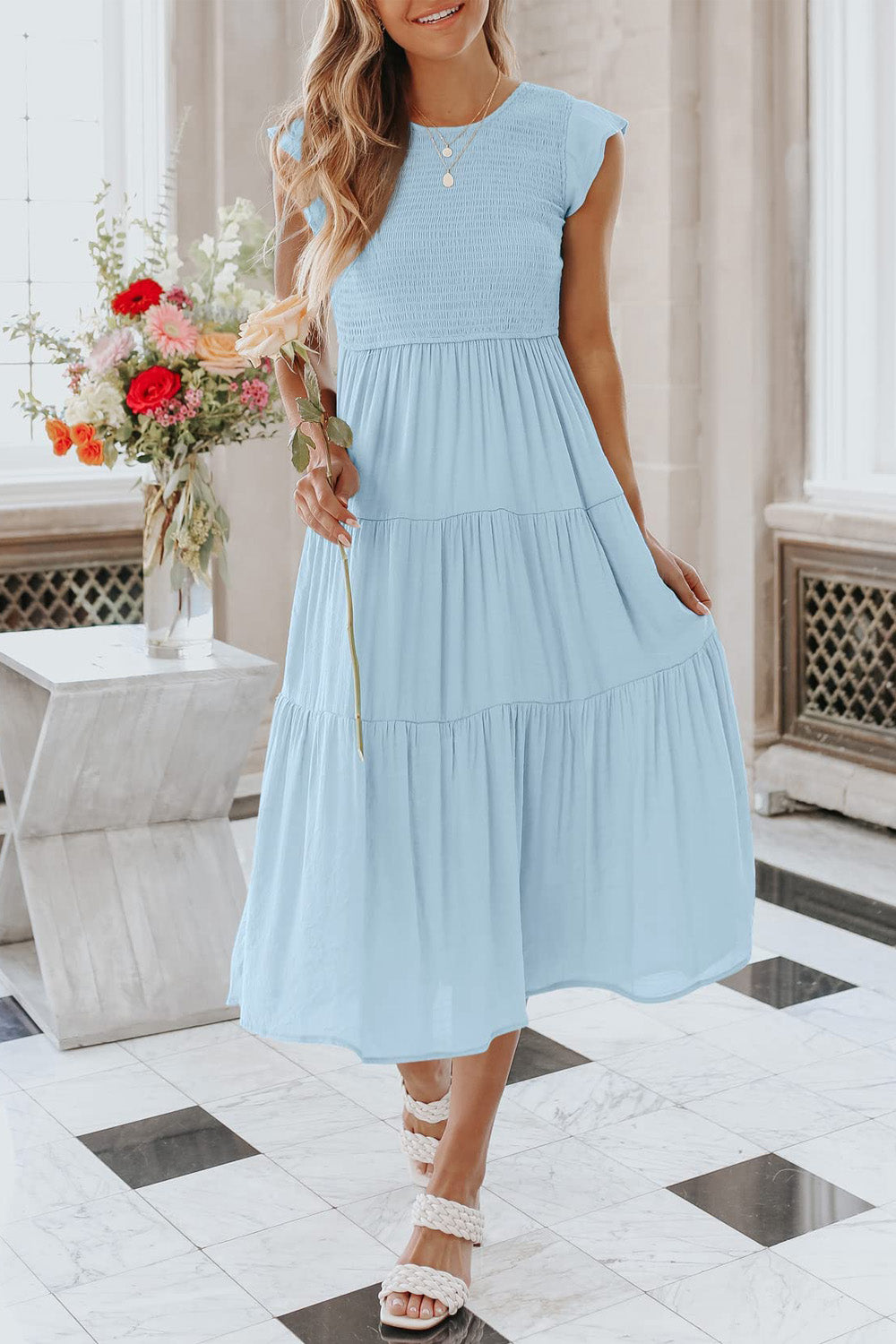 2023 Summer Women's Casual Flutter Short Sleeve Crew Neck Smocked Elastic Waist Tiered Midi Dress