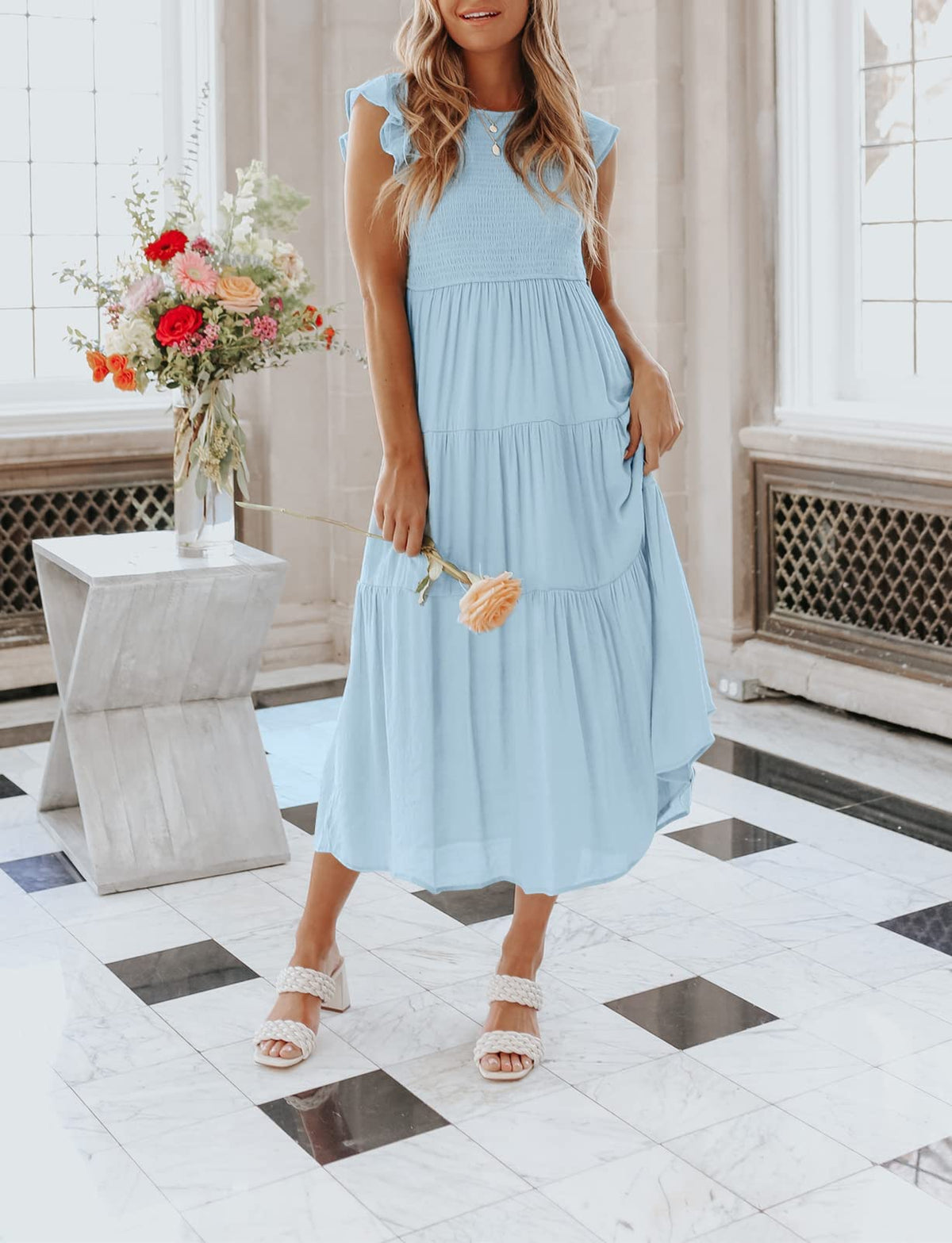 2023 Summer Women's Casual Flutter Short Sleeve Crew Neck Smocked Elastic Waist Tiered Midi Dress