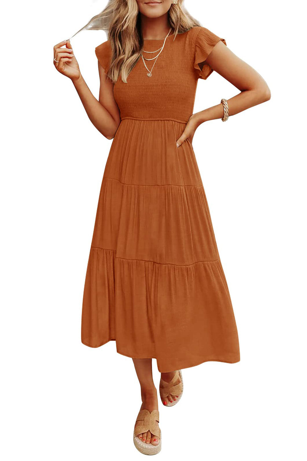 2023 Summer Women's Casual Flutter Short Sleeve Crew Neck Smocked Elastic Waist Tiered Midi Dress