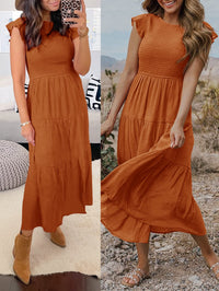 2023 Summer Women's Casual Flutter Short Sleeve Crew Neck Smocked Elastic Waist Tiered Midi Dress