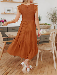 2023 Summer Women's Casual Flutter Short Sleeve Crew Neck Smocked Elastic Waist Tiered Midi Dress