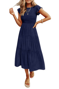 2023 Summer Women's Casual Flutter Short Sleeve Crew Neck Smocked Elastic Waist Tiered Midi Dress