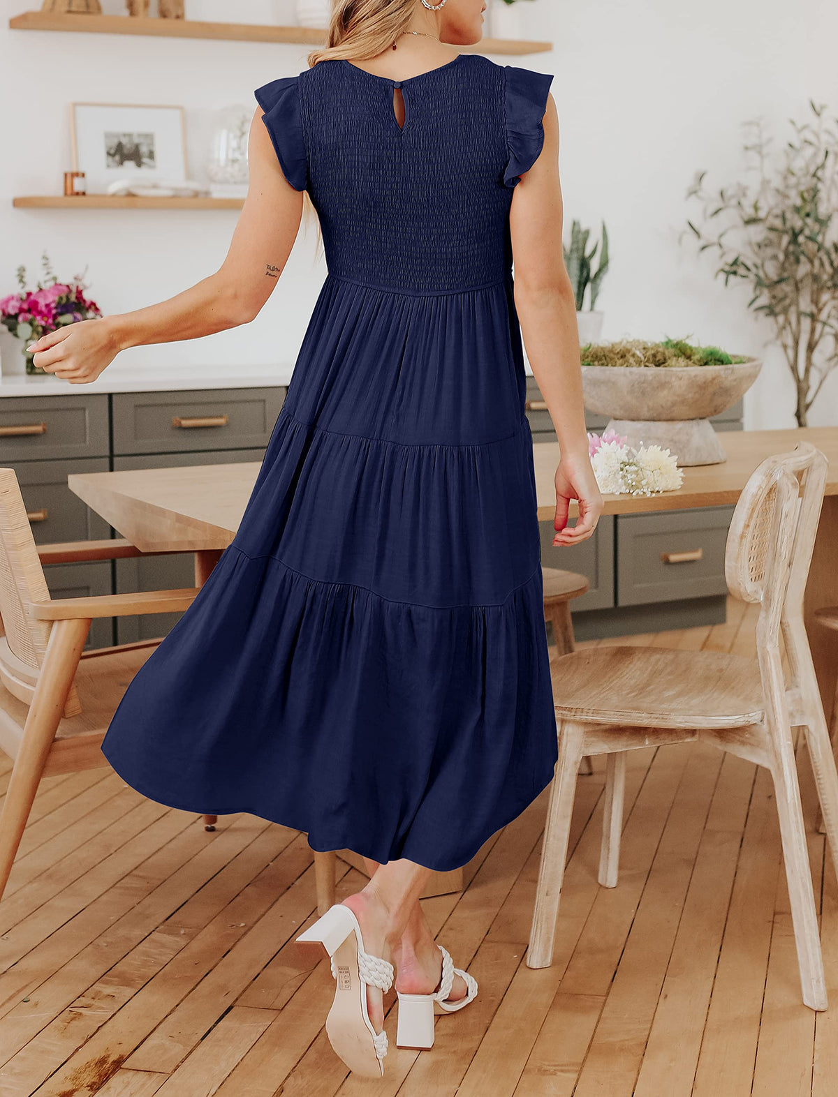 2023 Summer Women's Casual Flutter Short Sleeve Crew Neck Smocked Elastic Waist Tiered Midi Dress