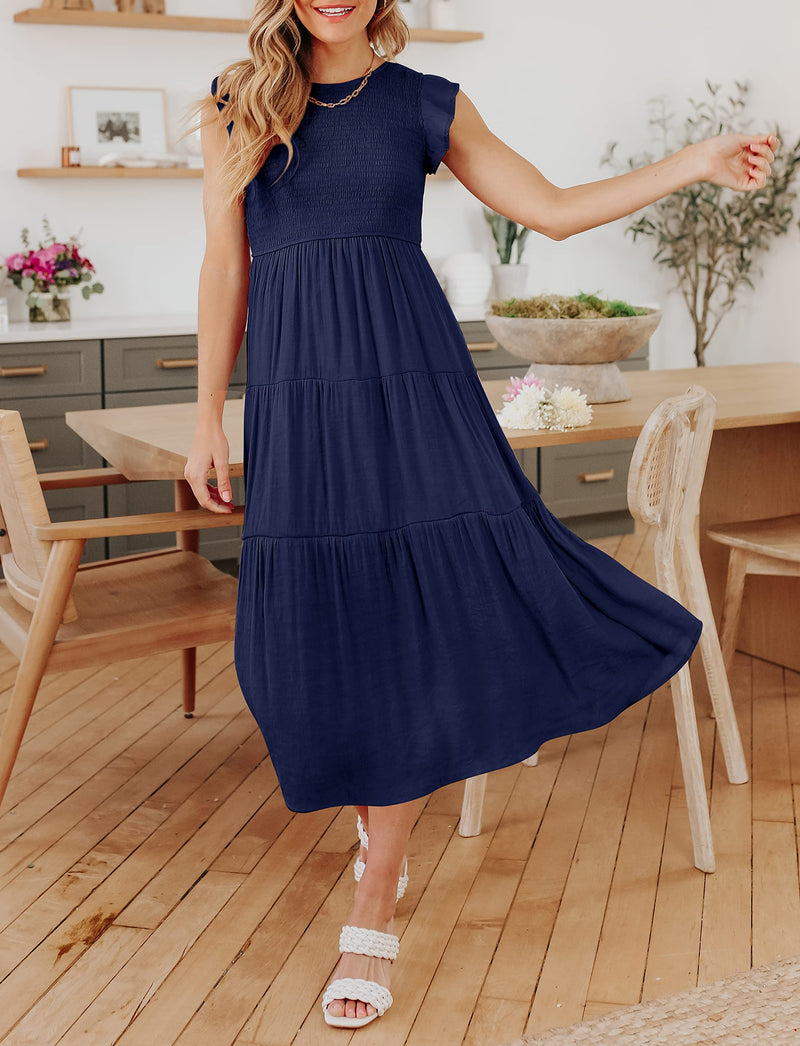 2023 Summer Women's Casual Flutter Short Sleeve Crew Neck Smocked Elastic Waist Tiered Midi Dress