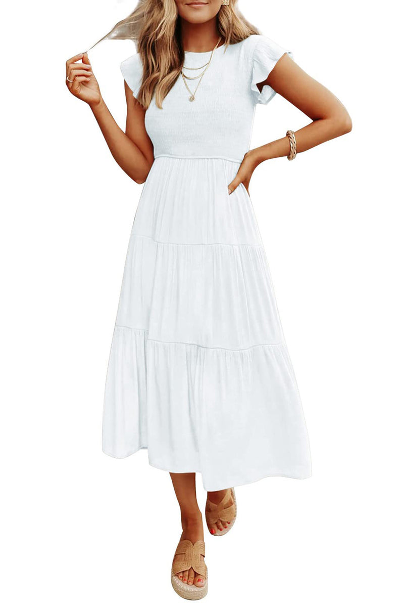 2023 Summer Women's Casual Flutter Short Sleeve Crew Neck Smocked Elastic Waist Tiered Midi Dress