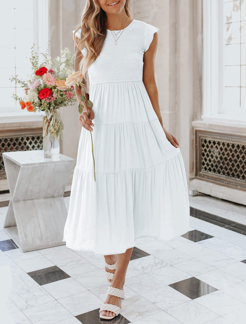 2023 Summer Women's Casual Flutter Short Sleeve Crew Neck Smocked Elastic Waist Tiered Midi Dress