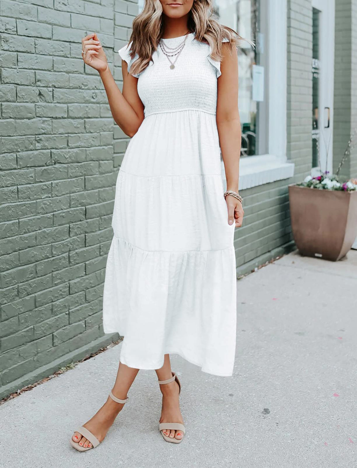 2023 Summer Women's Casual Flutter Short Sleeve Crew Neck Smocked Elastic Waist Tiered Midi Dress