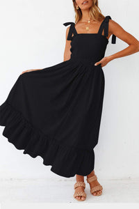 2023 Women's Boho Spaghetti Strap Square Neck Solid Color Ruffle Summer A Line Beach Long Maxi Dress