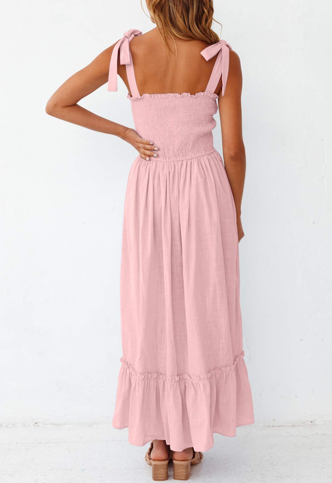 2023 Women's Boho Spaghetti Strap Square Neck Solid Color Ruffle Summer A Line Beach Long Maxi Dress