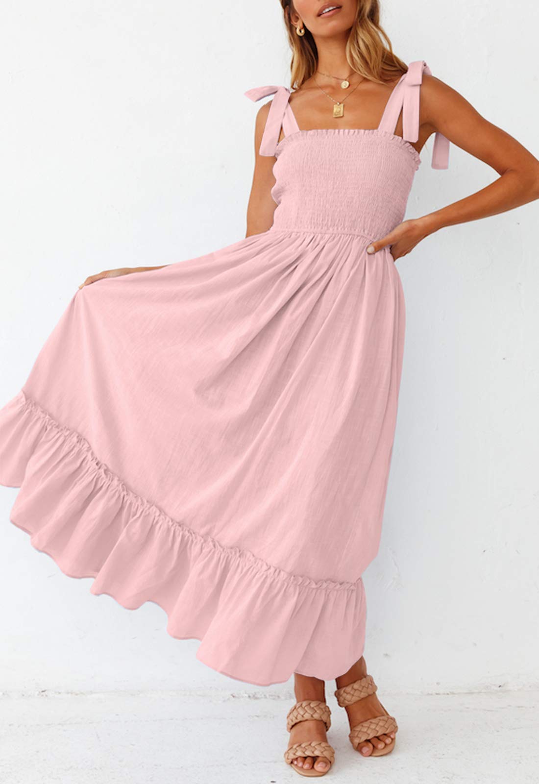 2023 Women's Boho Spaghetti Strap Square Neck Solid Color Ruffle Summer A Line Beach Long Maxi Dress