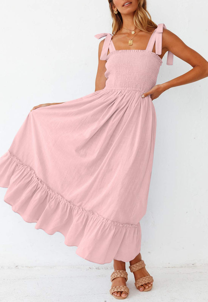 2023 Women's Boho Spaghetti Strap Square Neck Solid Color Ruffle Summer A Line Beach Long Maxi Dress