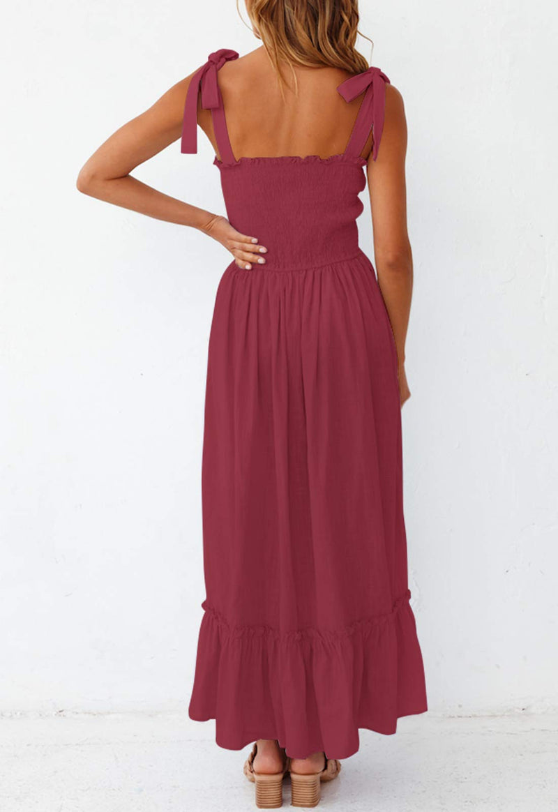 2023 Women's Boho Spaghetti Strap Square Neck Solid Color Ruffle Summer A Line Beach Long Maxi Dress