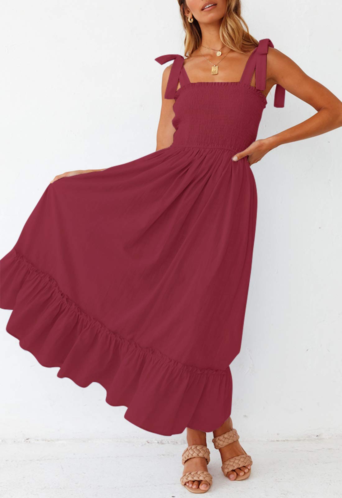 2023 Women's Boho Spaghetti Strap Square Neck Solid Color Ruffle Summer A Line Beach Long Maxi Dress