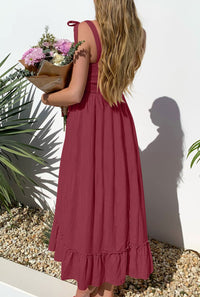 2023 Women's Boho Spaghetti Strap Square Neck Solid Color Ruffle Summer A Line Beach Long Maxi Dress