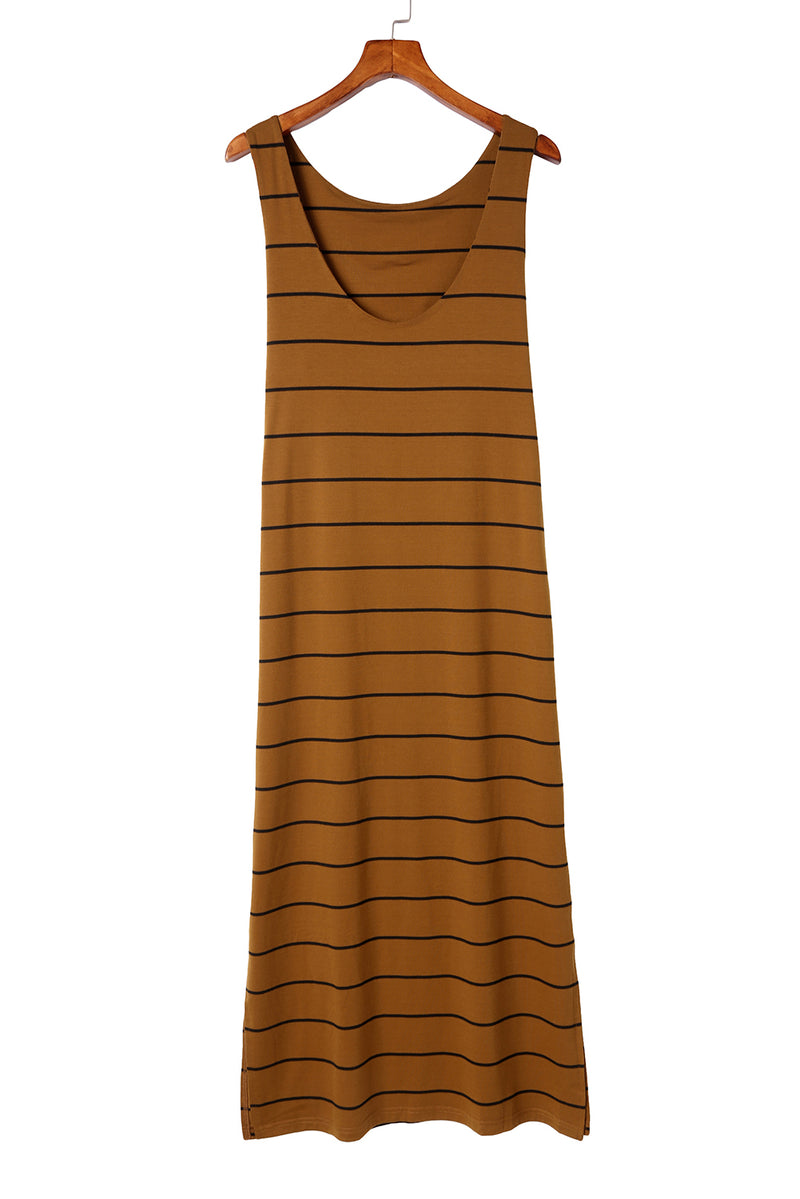 Women's Stripe Print Open Back Sleeveless Tank Maxi Dress with Slits