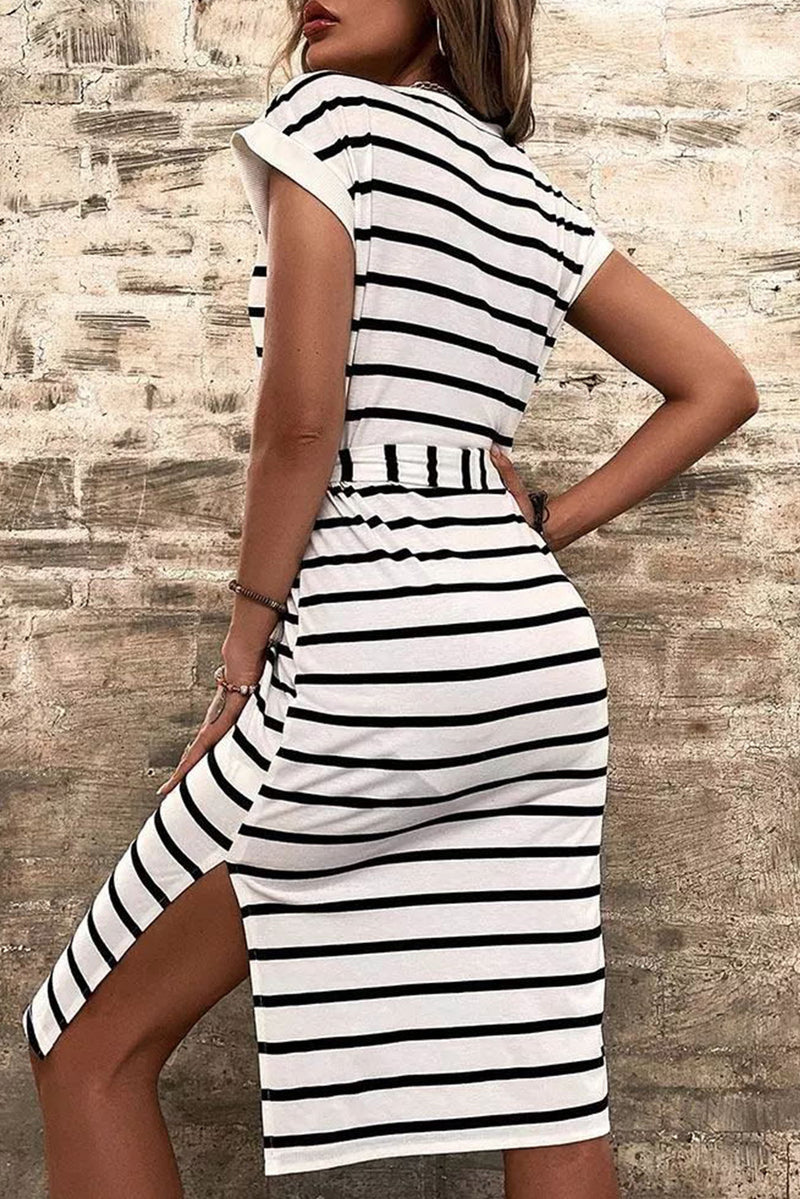 Women's Striped Button Slit Tie V-Neck Short Sleeve Midi Dress with Waist Tie