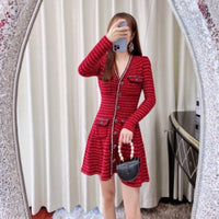 Women Long Sleeve V-neck Sweater Cardigan Short Umbrella Skirt Slim Fit Thickened Base Dress Autumn and Winter