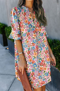 Women's Long Floral Print Short Sleeve Holiday Dress