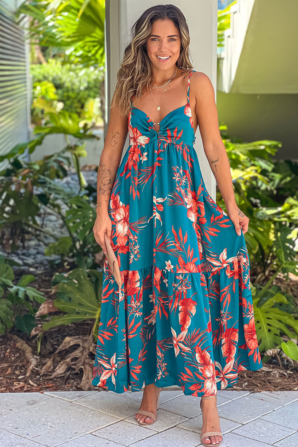 Udressshop Women's Strappy Open Back Floral Maxi Dress