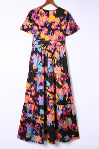 Udressshop Women's Abstract Floral Pattern Flutter Sleeve Tiered Maxi Dress