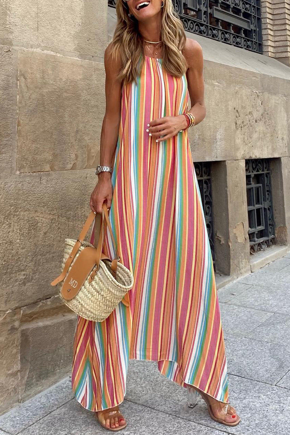 Udressshop Women's Bohemian Striped Print Sleeveless Holiday Maxi Dress