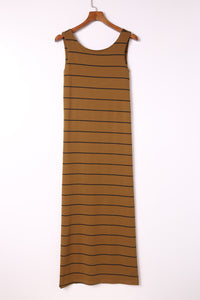 Women's Stripe Print Open Back Sleeveless Tank Maxi Dress with Slits