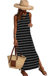 Women's Stripe Print Open Back Sleeveless Tank Maxi Dress with Slits