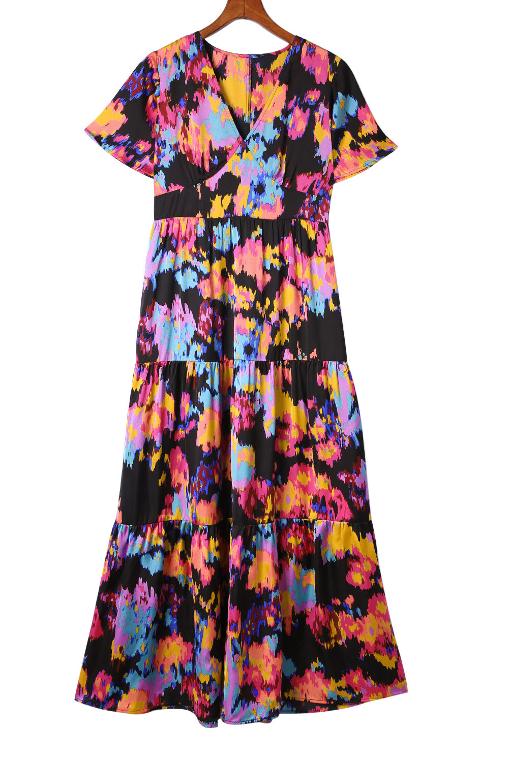 Udressshop Women's Abstract Floral Pattern Flutter Sleeve Tiered Maxi Dress