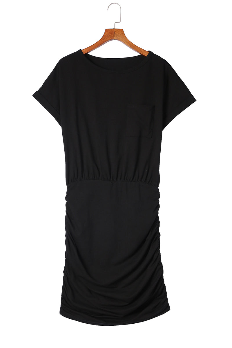 Udressshop Women's Chest Pocket Loose T-shirt Ruched Bodycon Mini Dress