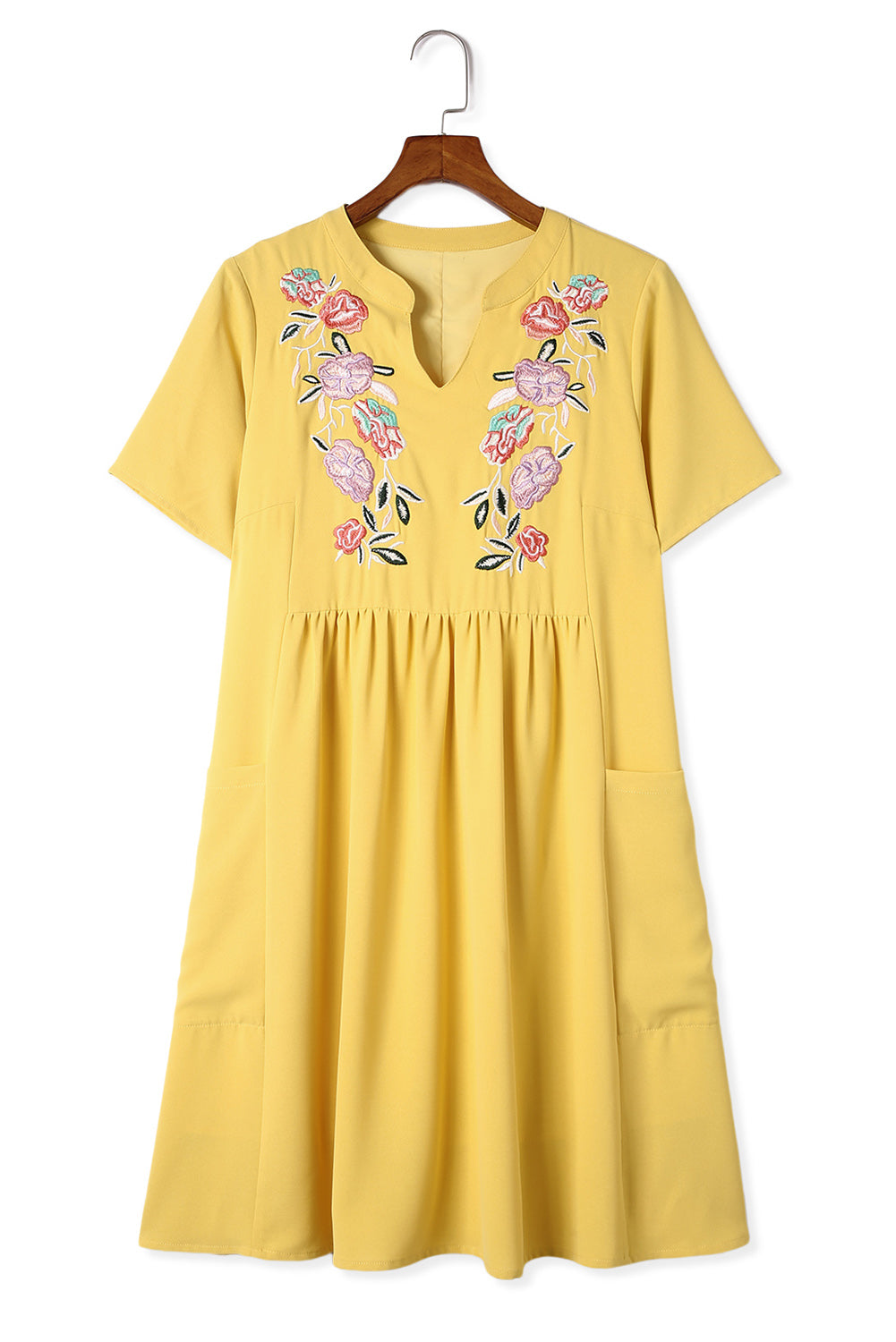 Women's Split Neck Embroidered Floral Babydoll Swing Dress