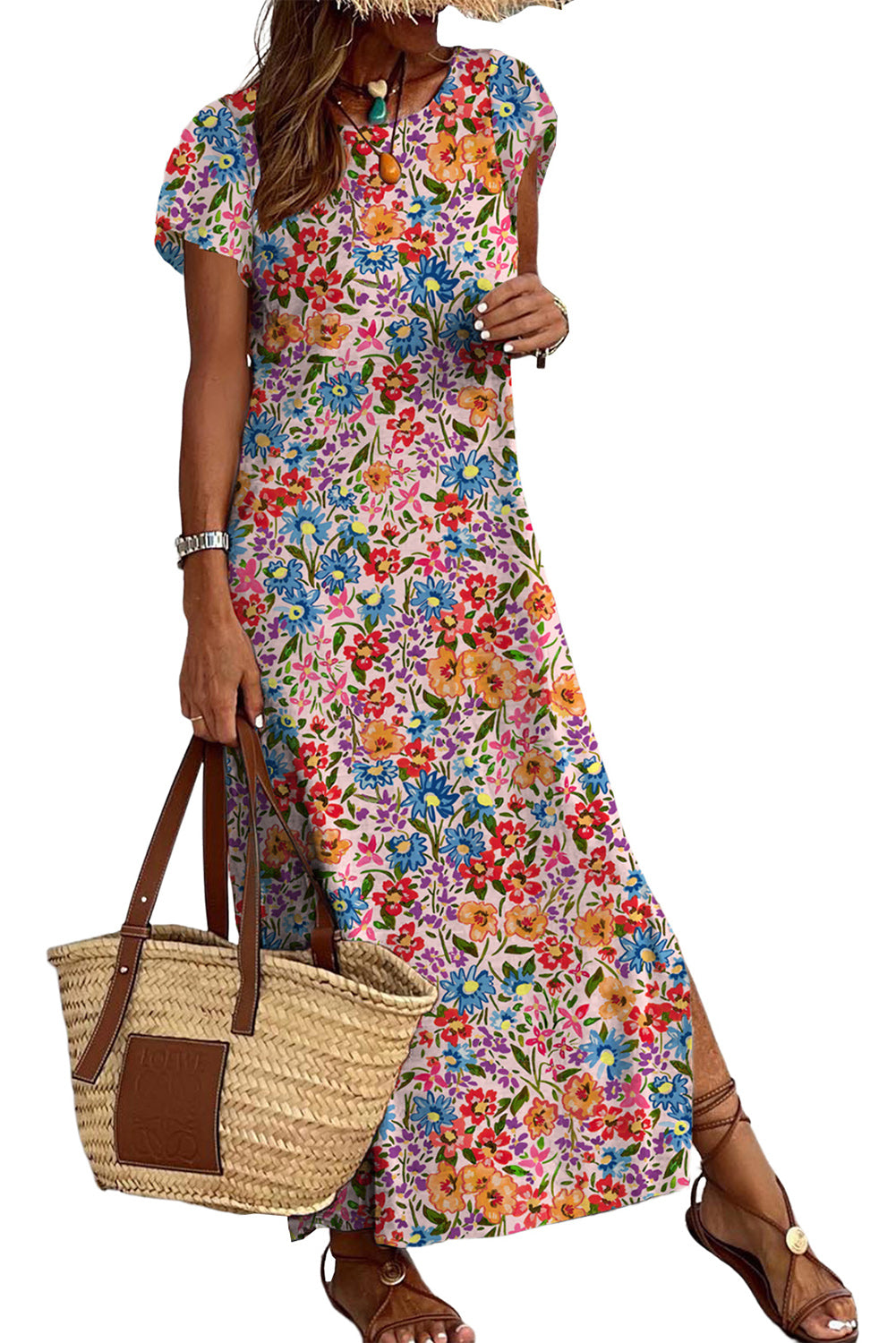 Women's Long Floral Print Short Sleeve Holiday Dress