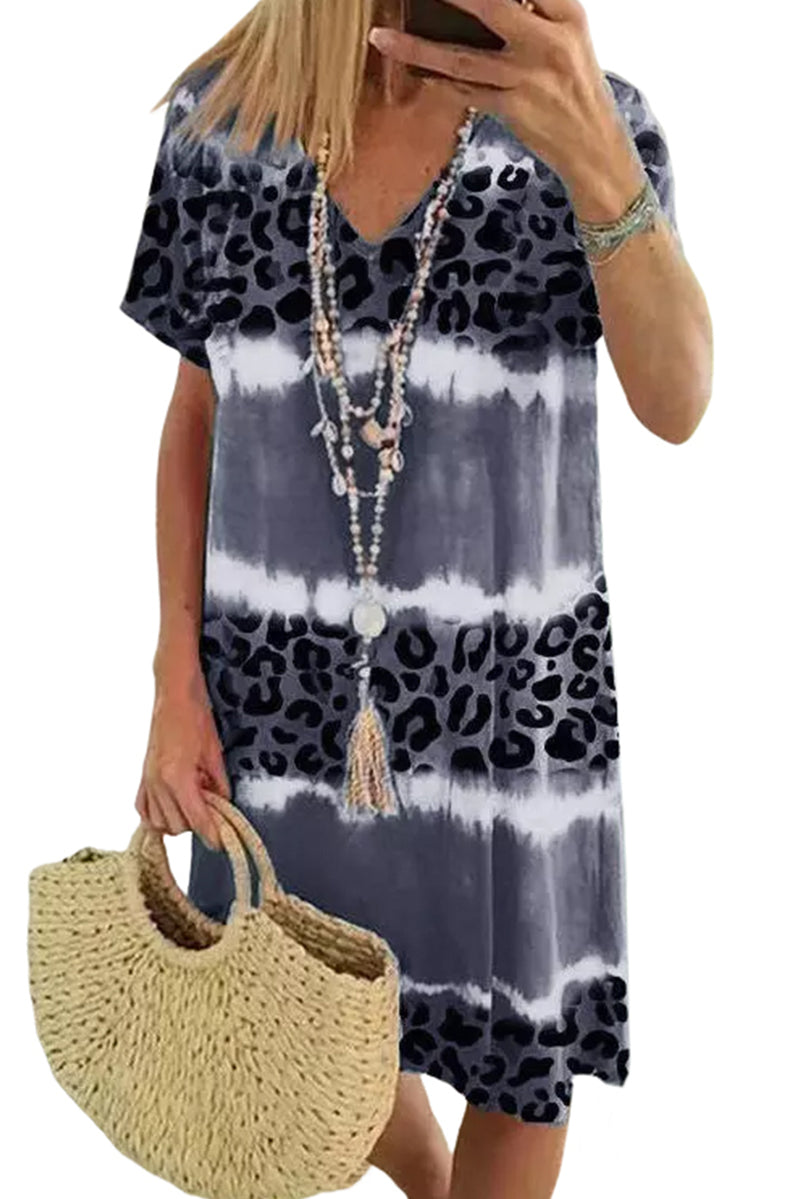 Udressshop Women's Leopard Color Block V-Neck T-shirt Dress