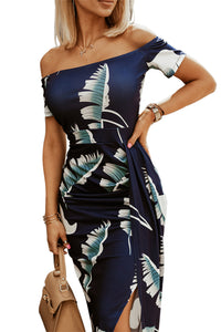 Udressshop Women's Dark Blue Floral Print Off Shoulder Slit Bodycon Midi Dress