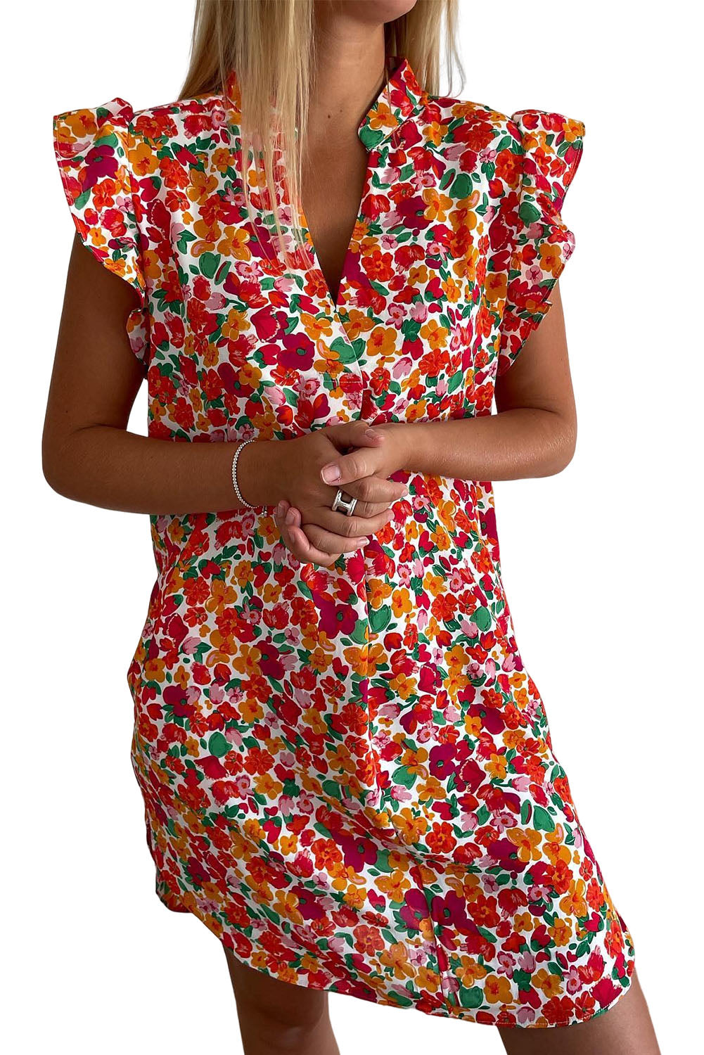 Udressshop Women's Ruffle Sleeve V-Neck Floral Dress