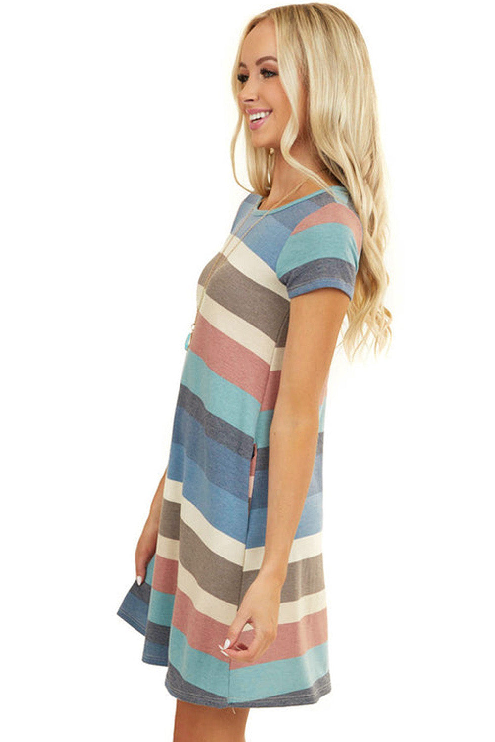 Udressshop Women's Multicolor Striped Pocket T Shirt Dress