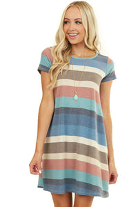 Udressshop Women's Multicolor Striped Pocket T Shirt Dress